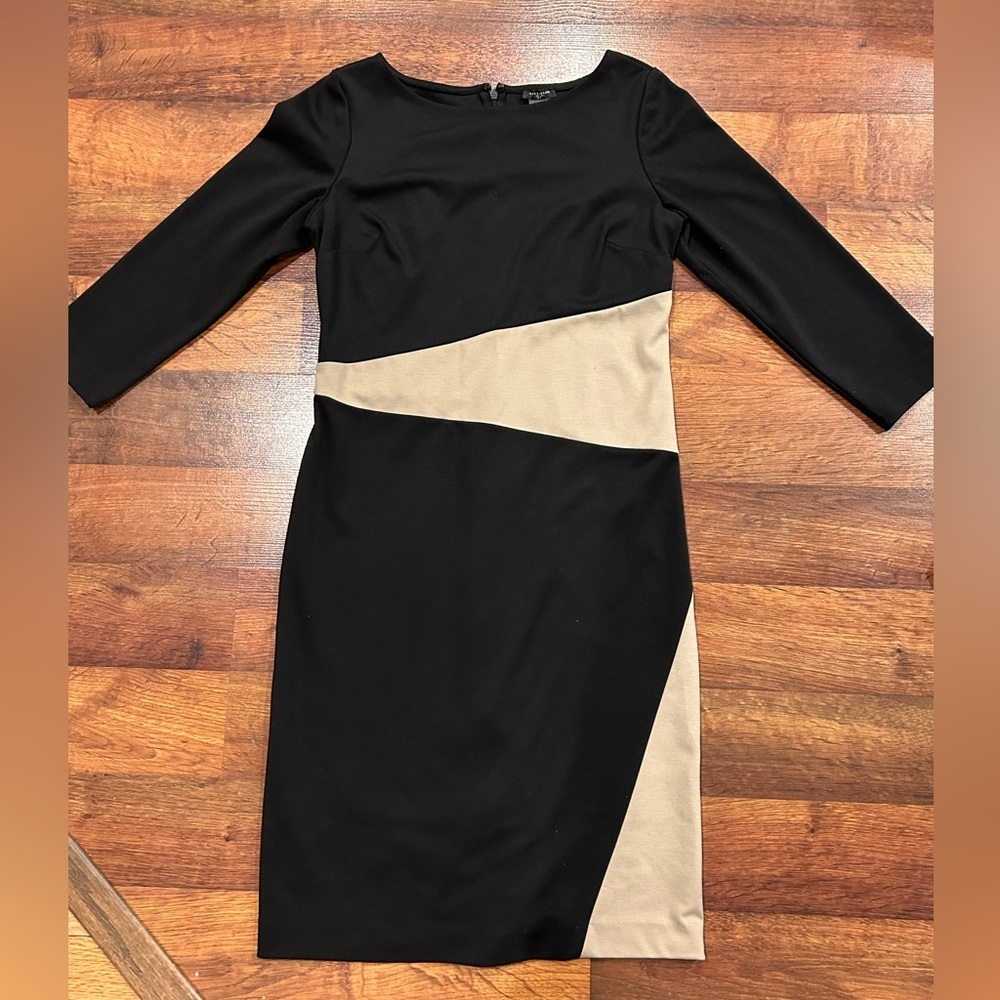 Ann Taylor Women's Black Tan Color-block 3/4 Sleeve Career Casual Dress Size 0